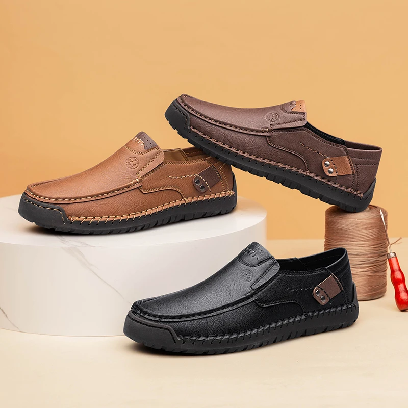 CLOHOO Men's Handmade Thick Rubber Bottom Breathable Casual Leather Shoes Classic Sewn Loafers Comfortable Leisure Footwear