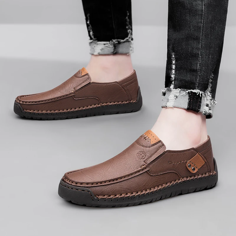 CLOHOO Men's Handmade Thick Rubber Bottom Breathable Casual Leather Shoes Classic Sewn Loafers Comfortable Leisure Footwear