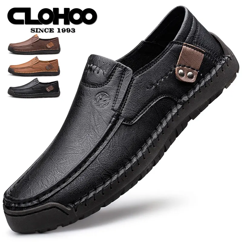 CLOHOO Men's Handmade Thick Rubber Bottom Breathable Casual Leather Shoes Classic Sewn Loafers Comfortable Leisure Footwear