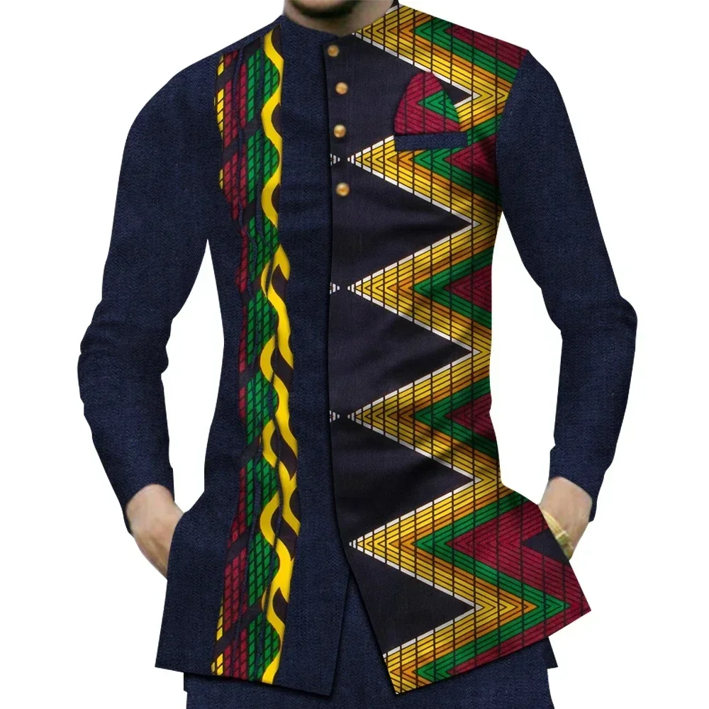 Casual 100% Cotton Mens African Clothing Dashiki Patchwork Print Shirt Tops Bazin Riche Traditional African Clothes WYN380