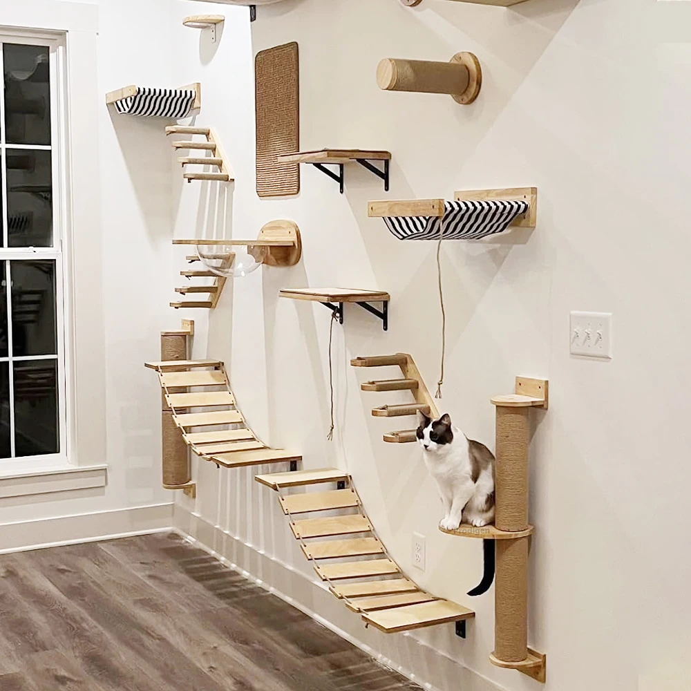Cat Wall Climbing Shelf Steps Ladder Scratching Post Scratcher Bed Hiding House for Cats Tree Tower Pet Furniture Accessories