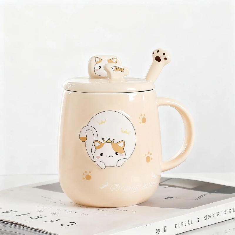 Cat-themed ceramic mug with lid and spoon cartoon style perfect for office or home use coffee cup mugs mug glass mug cup mugs
