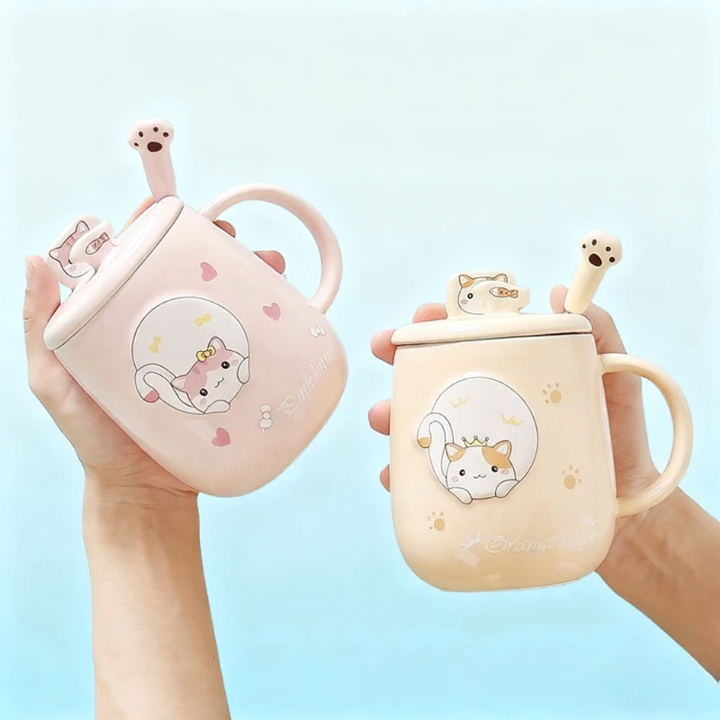 Cat-themed ceramic mug with lid and spoon cartoon style perfect for office or home use coffee cup mugs mug glass mug cup mugs