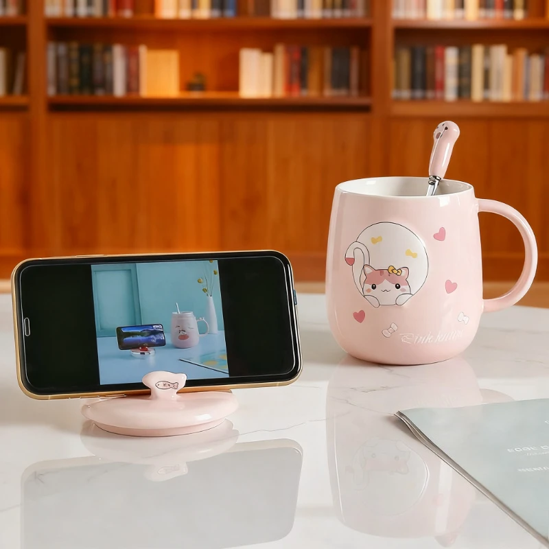 Cat-themed ceramic mug with lid and spoon cartoon style perfect for office or home use coffee cup mugs mug glass mug cup mugs