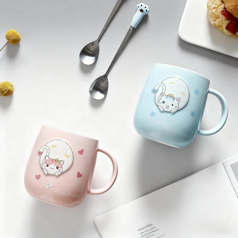 Cat-themed ceramic mug with lid and spoon cartoon style perfect for office or home use coffee cup mugs mug glass mug cup mugs