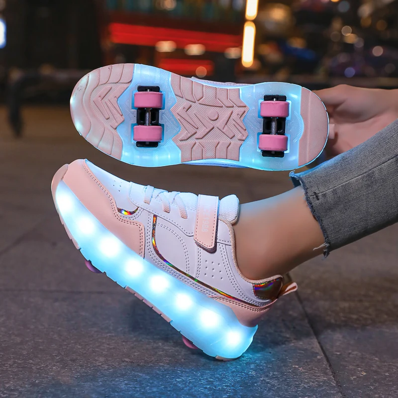 Children LED Light Sneakers 4 Wheels Luminous Shoes with Wheels Lights Rechargeable Girls Boys Women Kids Roller Skates Shoes