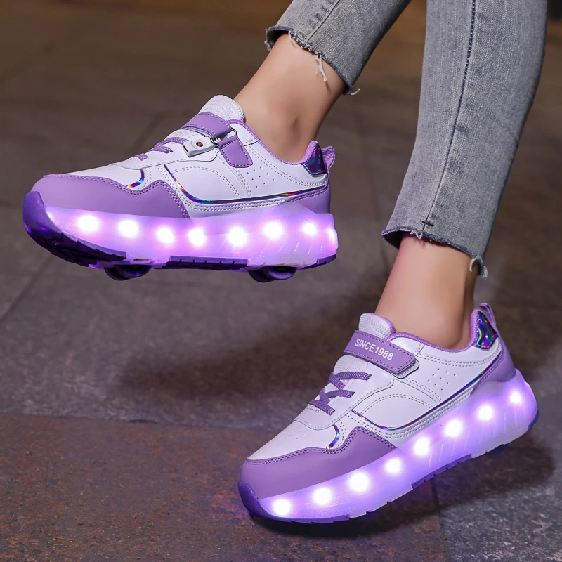 Children LED Light Sneakers 4 Wheels Luminous Shoes with Wheels Lights Rechargeable Girls Boys Women Kids Roller Skates Shoes