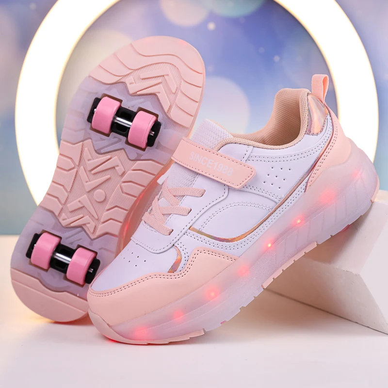 Children LED Light Sneakers 4 Wheels Luminous Shoes with Wheels Lights Rechargeable Girls Boys Women Kids Roller Skates Shoes