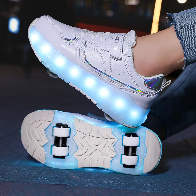 Children LED Light Sneakers 4 Wheels Luminous Shoes with Wheels Lights Rechargeable Girls Boys Women Kids Roller Skates Shoes