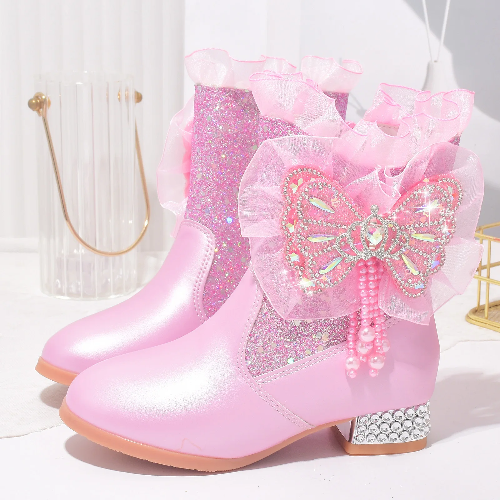 Children's Warm Ankle Boots Autumn Winter Kids Princess High Heels Add Velvet Crystal Booties Baby Girl Exquisite Christmas Gift