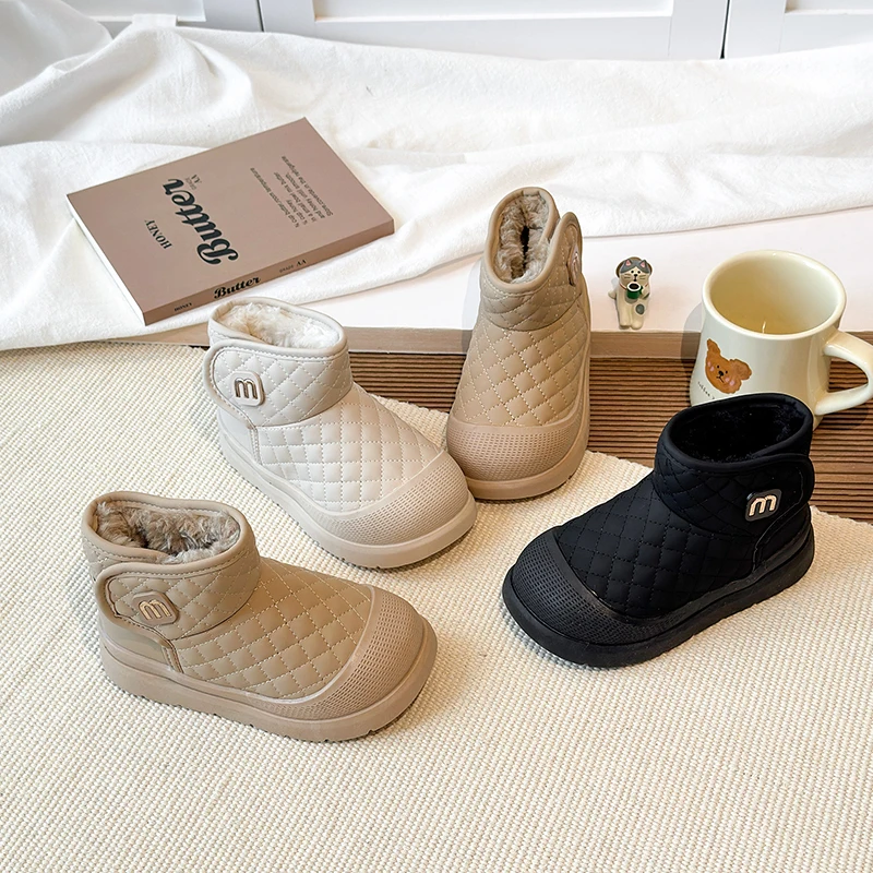 Children's thickened cotton boots with fleece lining 2025 Winter pure color warm boots for boys and girls