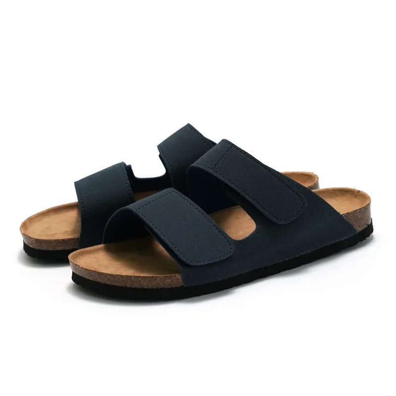 Classic Men Leather Cork Sandals Slippers Luxury Brand Design Buckle Strap Flat Sandals Slippers Shoes