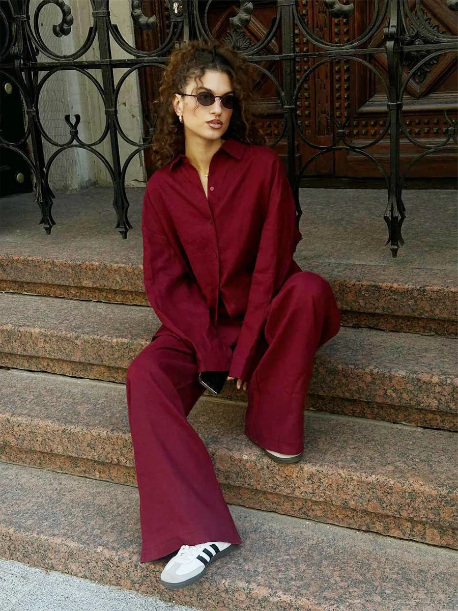 Classic Solid Shirt Pants Set Women Casual Loose Long Sleeved Lapel Elastic Waist Two Piece Suit 2025 New Summer Street Outfit