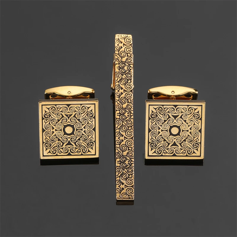 Classic men's French shirt cufflinks tie clip set high-quality metal love rose print clip cuffs buttons suit accessories jewelry