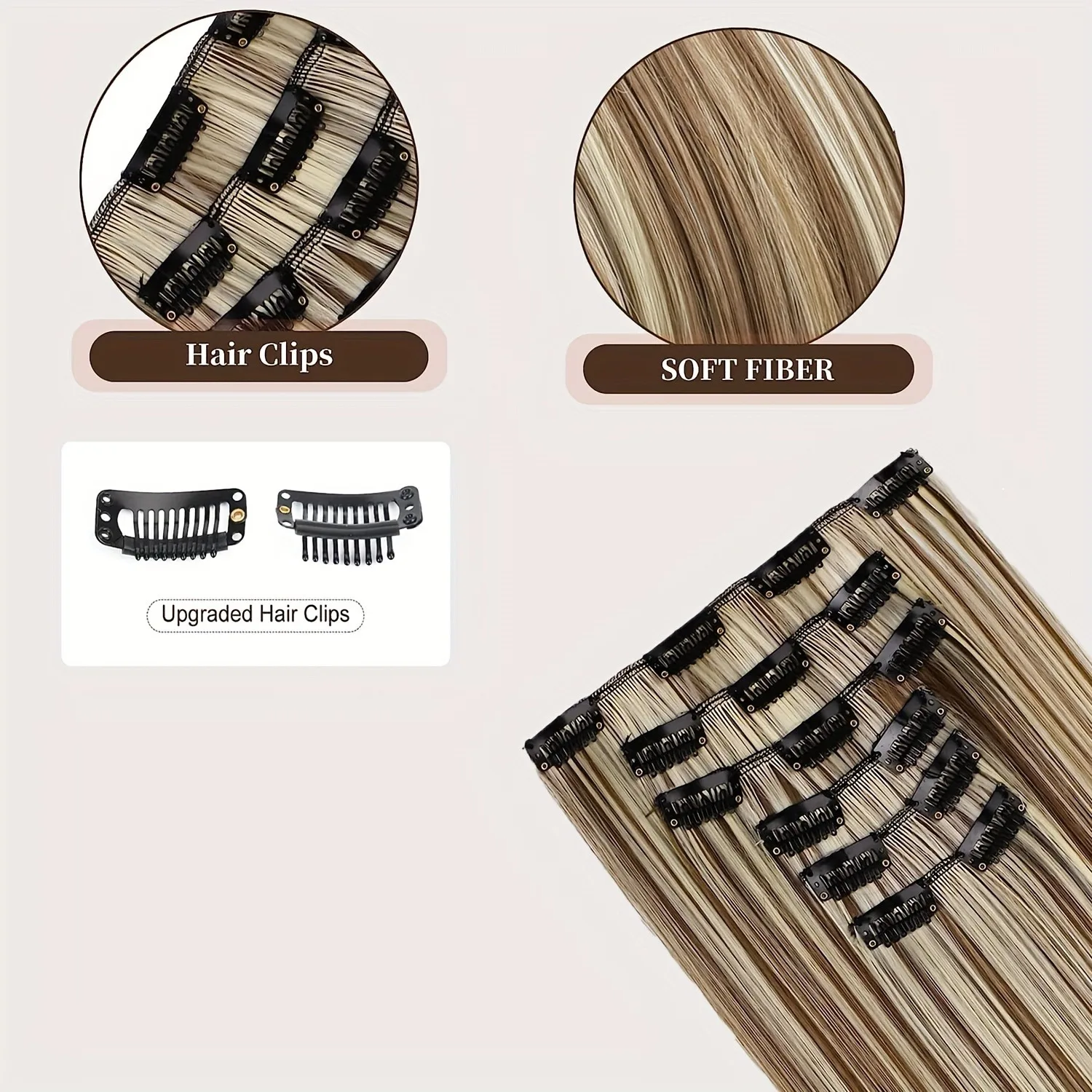 Clip In Hair Extensions, Hair Extensions Thick Long Lace Weft Lightweight Synthetic Hairpieces For Women Chocolate Brown With Go