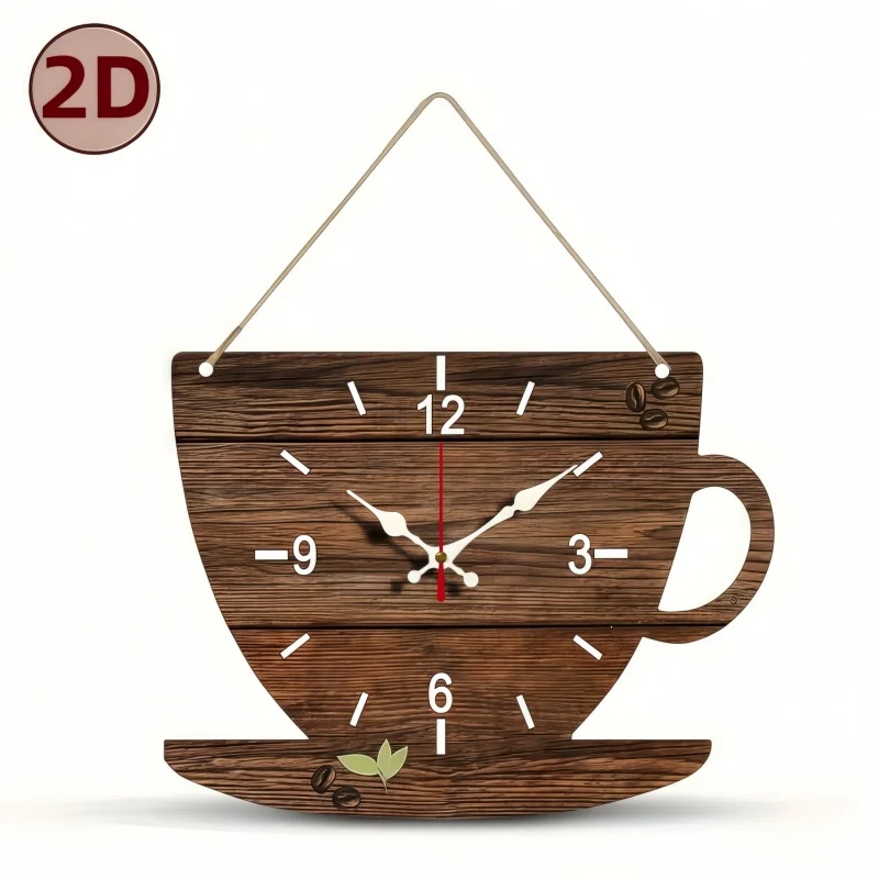 Coffee Cup Shaped Wooden Silent Hanging Wall Clock,Wood Grain Design Suitable For Living Room,Study Room,Bedroom,Home Decoration