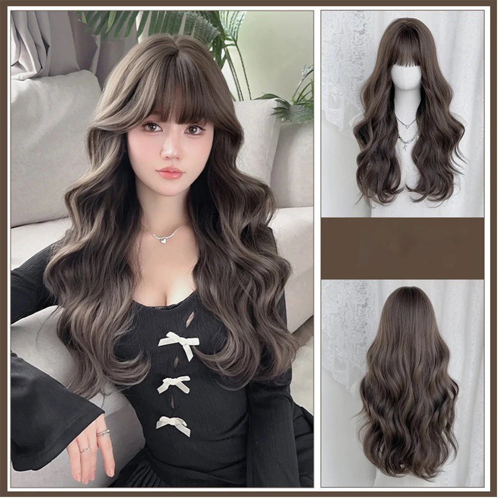 Cool Brown Wavy Natural Synthetic Wig with Bangs Long Curly Hair High Quality Fiber Wig for Women Daily Use Heat Resistant Wig