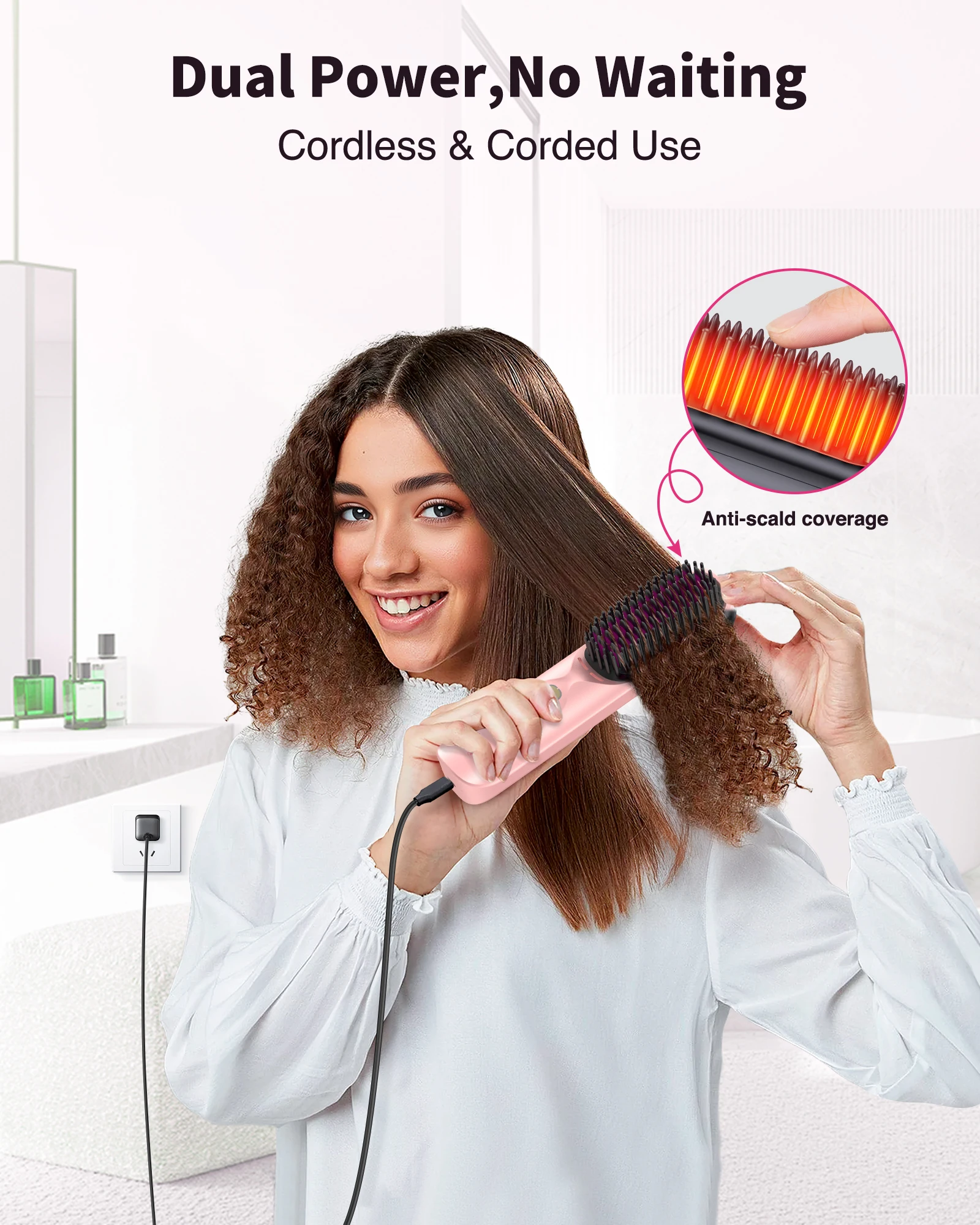 Cordless Hair Straightener Brush 10,000mAh Portable 300M Negative Ions for Frizz-Free Shine Fast Heating, Gift for Women