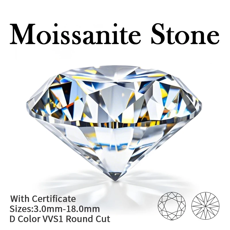 D Color VVS1 Round Cut Moissanite Loose Stone 0.1-20ct with Certified Pass Diamond Tester for Engagement Rings Jewelry Making