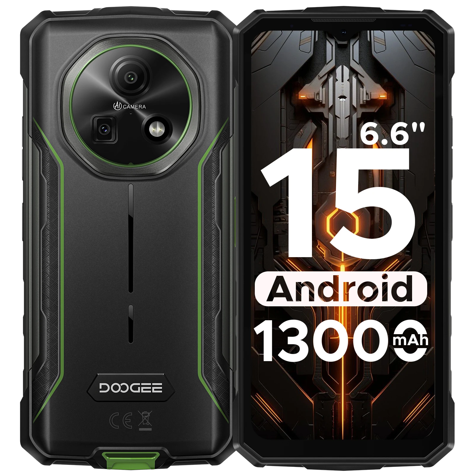DOOGEE Fire 5 Rugged Phone 13000mAh Large Battery 6.6'' HD+ Display 12GB RAM (3GB+9GB) 64GB ROM Android 15 Smartphone NFC