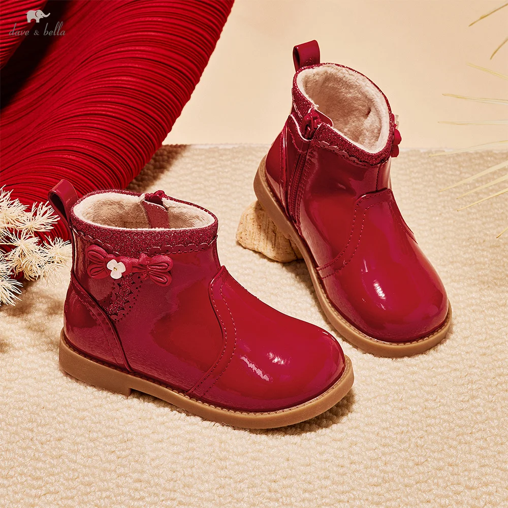 Dave Bella Children Short Leather Boots Winter Warm Kids Velvet Red Anti Slip Shoes Fashion Casual Outdoor Girls Boots DB4254723