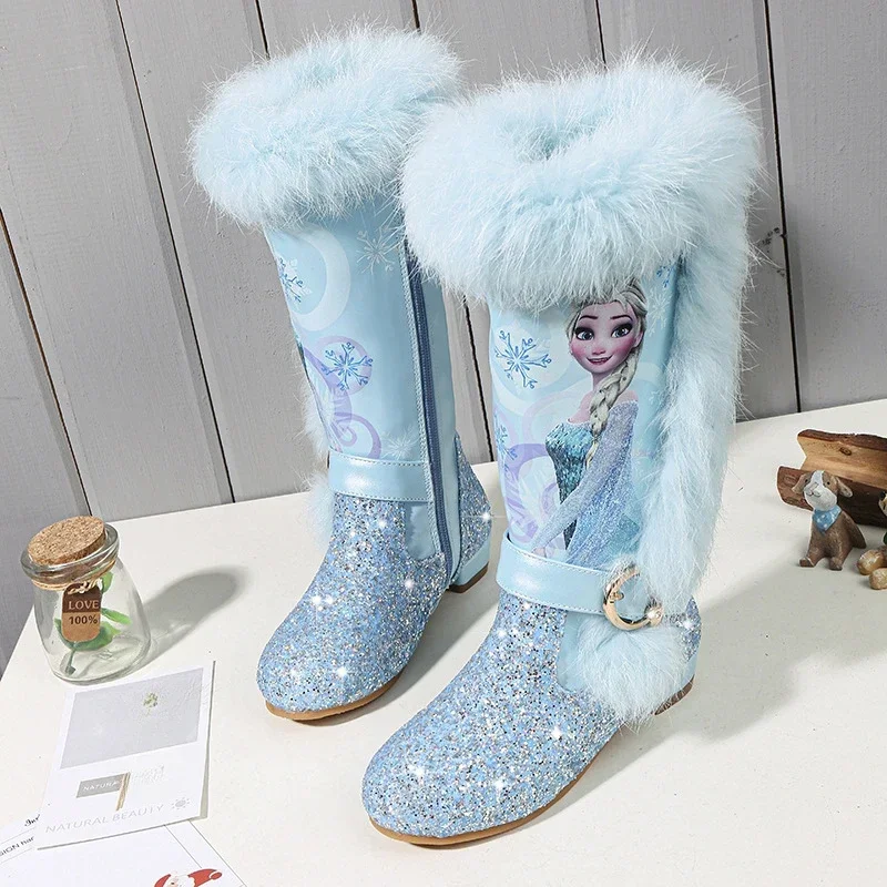 Disney girls cartoon boot princess Fashion boots plus velvet children's shoes