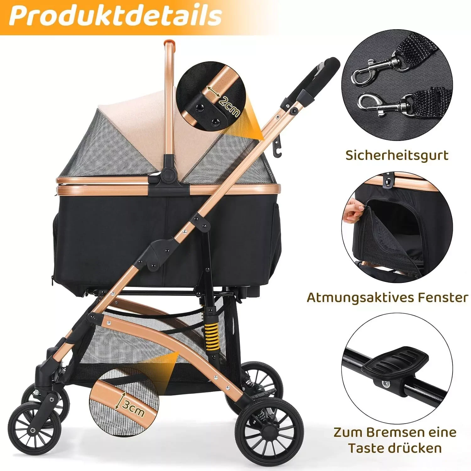 Dog Buggy 2 in 1 Stroller Dog Box Transport Foldable Cat Stroller, 360° Wear-resistant Rubber Wheels, with Storage Basket
