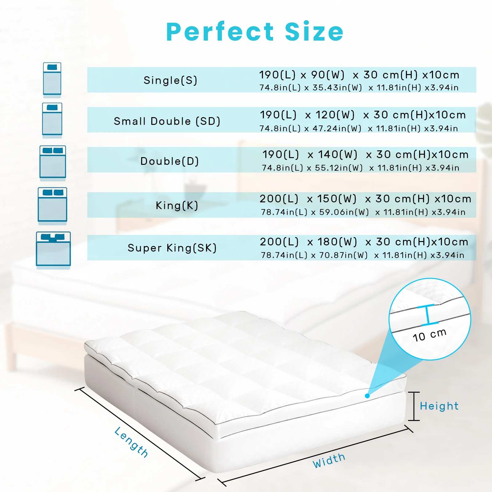 Double Bed Mattress Topper 10cm: Quilted Ultra Fluffy, Breathable Microfiber, Elastic Straps for Comfort & Restful Sleep