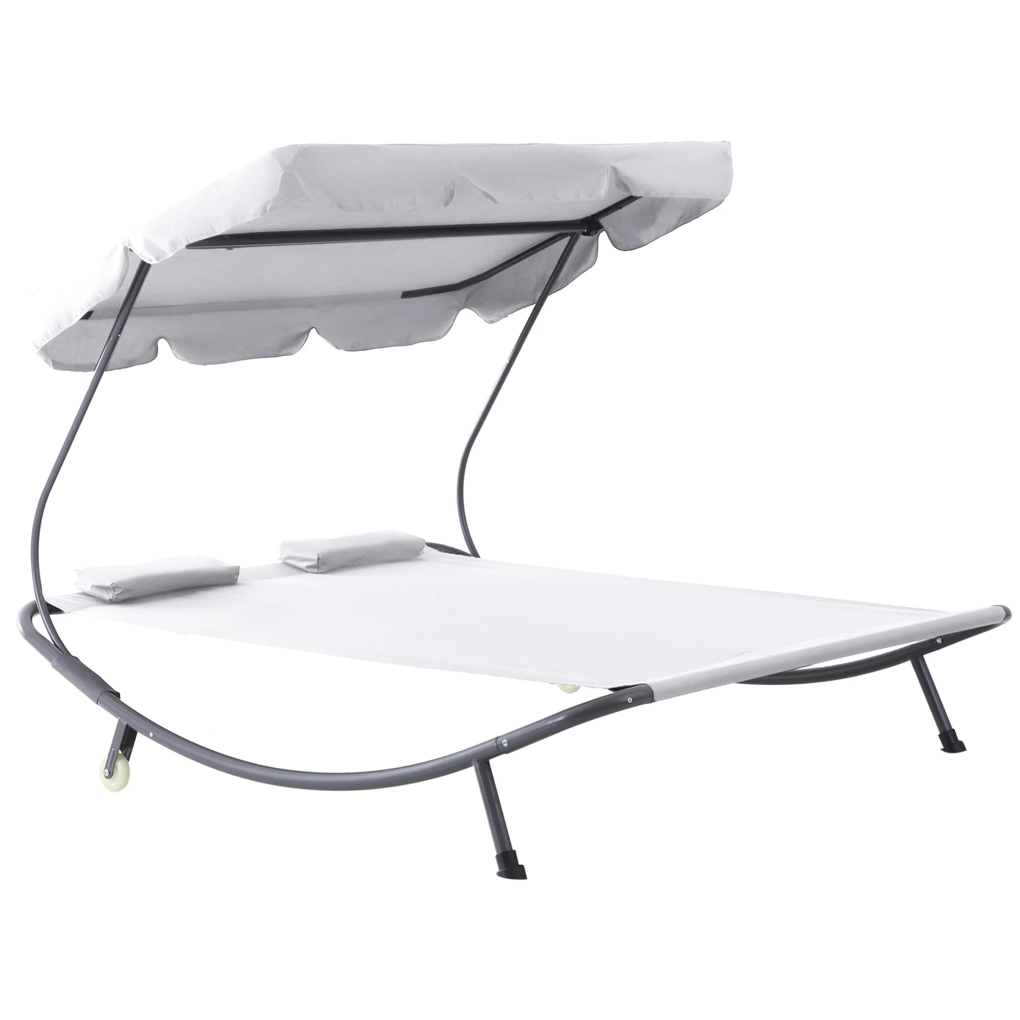Double Sun Lounger with Adjustable Detachable Canopy,Portable Garden Daybed for 2 with Wheels,2 Pillows,White ﻿