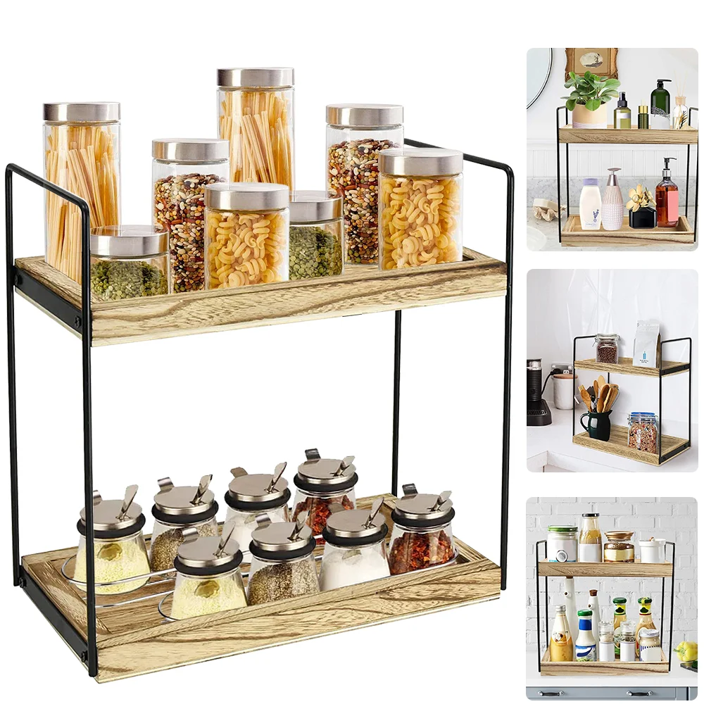 Double layer iron wood seasoning rack, kitchen spice rack, bathroom cabinet rack, washbasin countertop storage rack