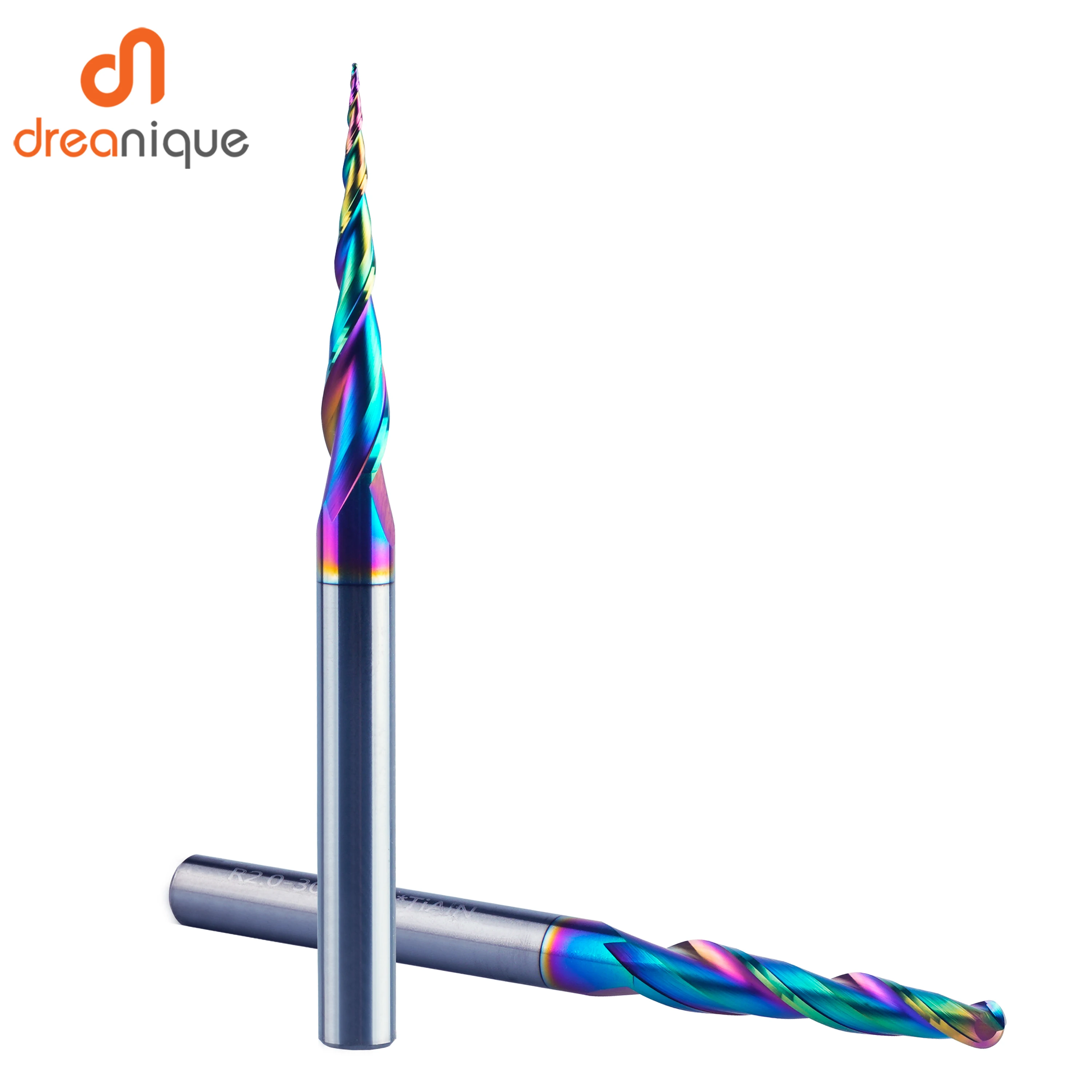 Dreanique 1pc Taper Ball Nose Engraving Bit 2 Flutes DLC Coated Milling Cutter Router Bits for Wood Metal 3D Carving End Mill