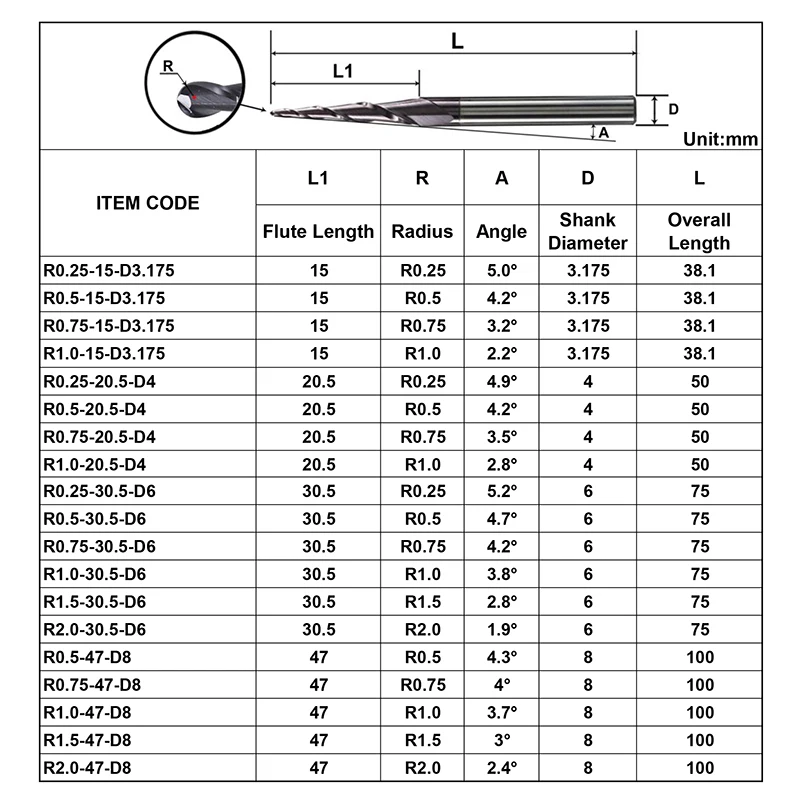 Dreanique 1pc Taper Ball Nose Engraving Bit 2 Flutes DLC Coated Milling Cutter Router Bits for Wood Metal 3D Carving End Mill