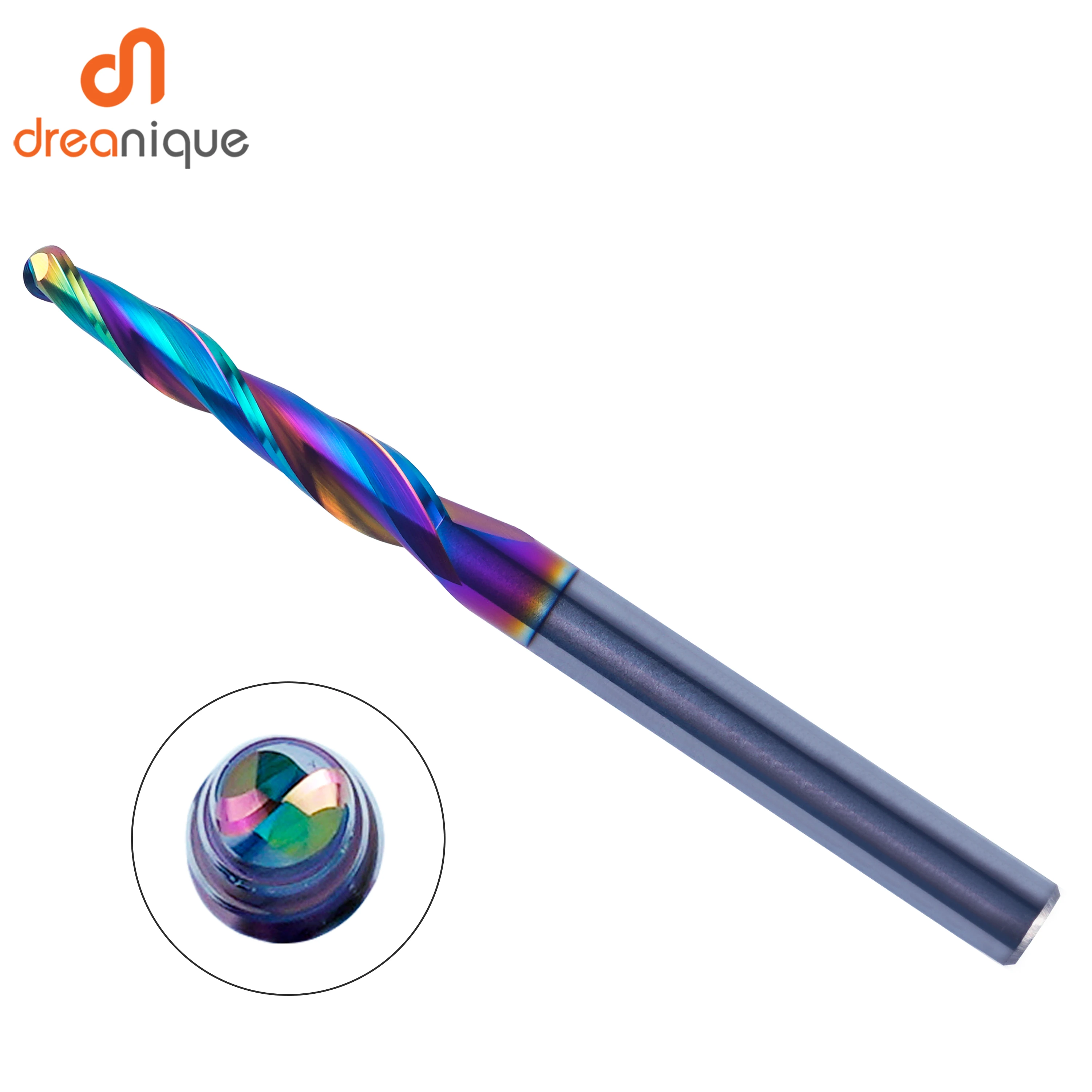 Dreanique 1pc Taper Ball Nose Engraving Bit 2 Flutes DLC Coated Milling Cutter Router Bits for Wood Metal 3D Carving End Mill