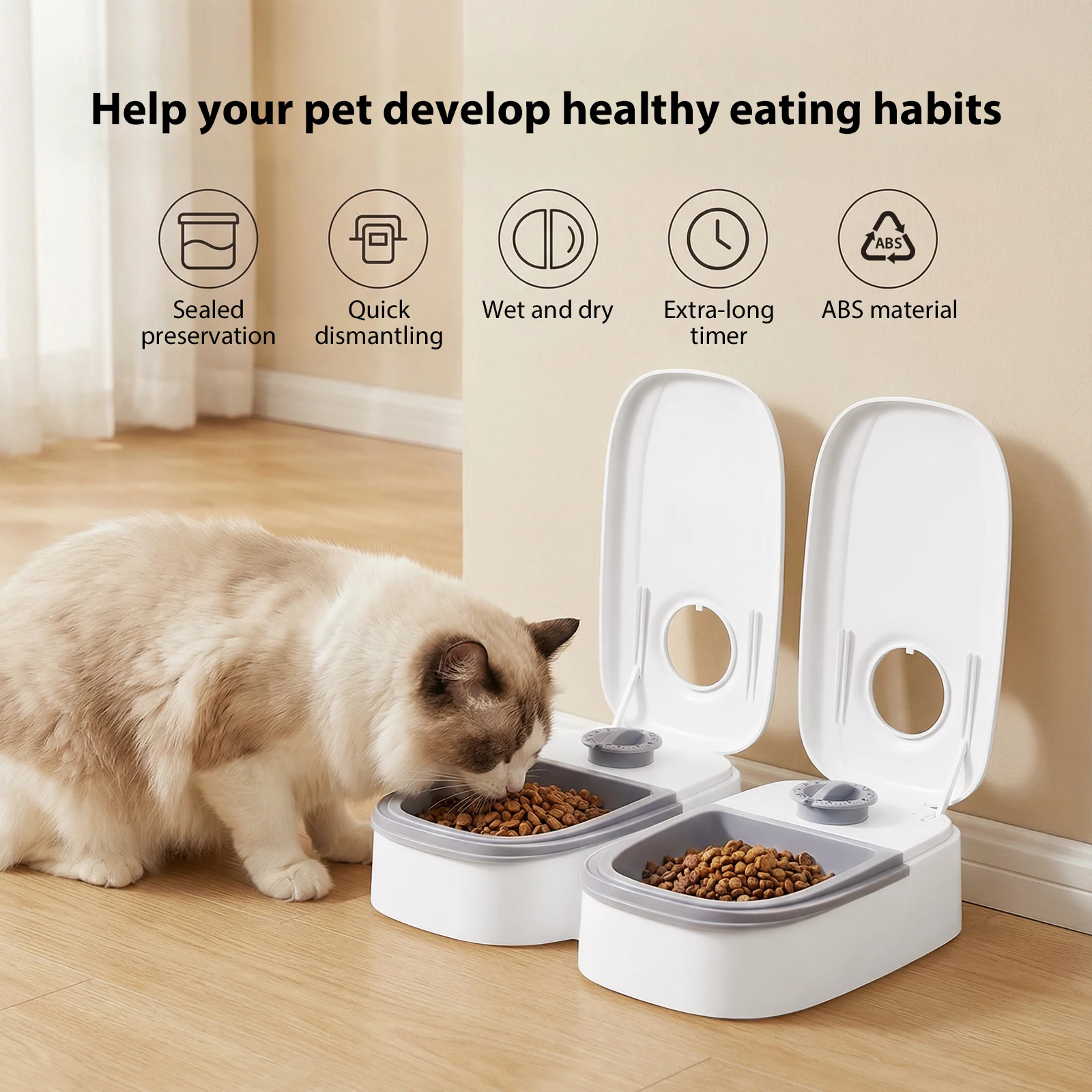 Dual-bowl automatic cat and dog feeder, 48-hour timer, 700ml capacity, suitable for dry and wet food