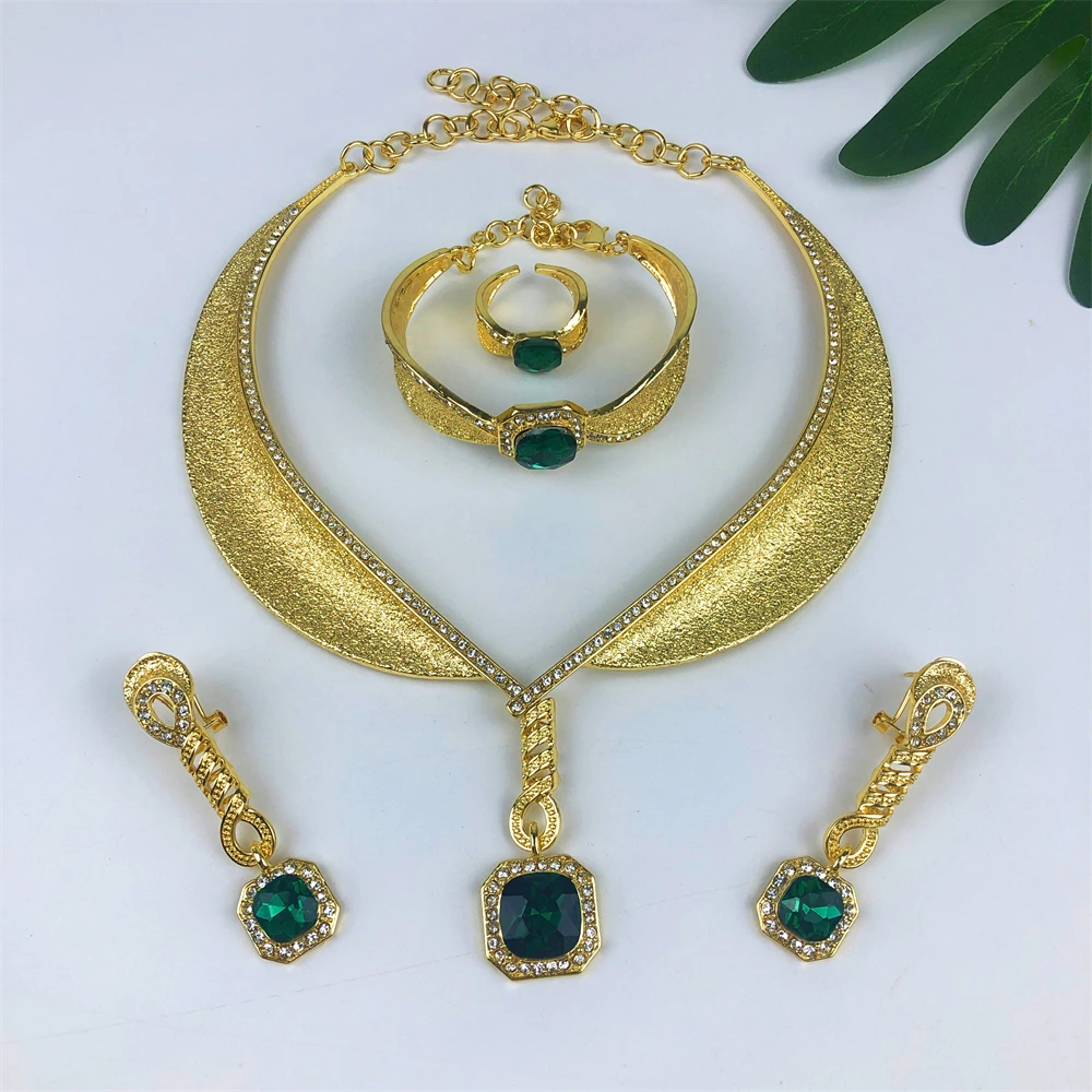 ESALE Two Tone Jewelry Set Gold Plated Big Pendant Necklace Bracelet Water Drop Earring Ring For Women Wedding Gifts 2025 New