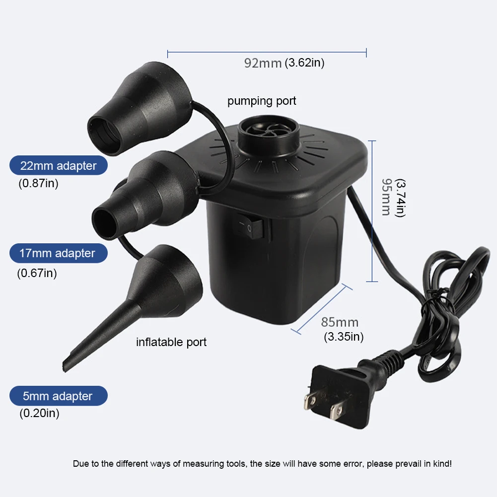 Electric Air Pump with 3 Nozzles Portable Air Mattress Pump Inflator/Deflator Pumps for Inflatables Swimming Ring