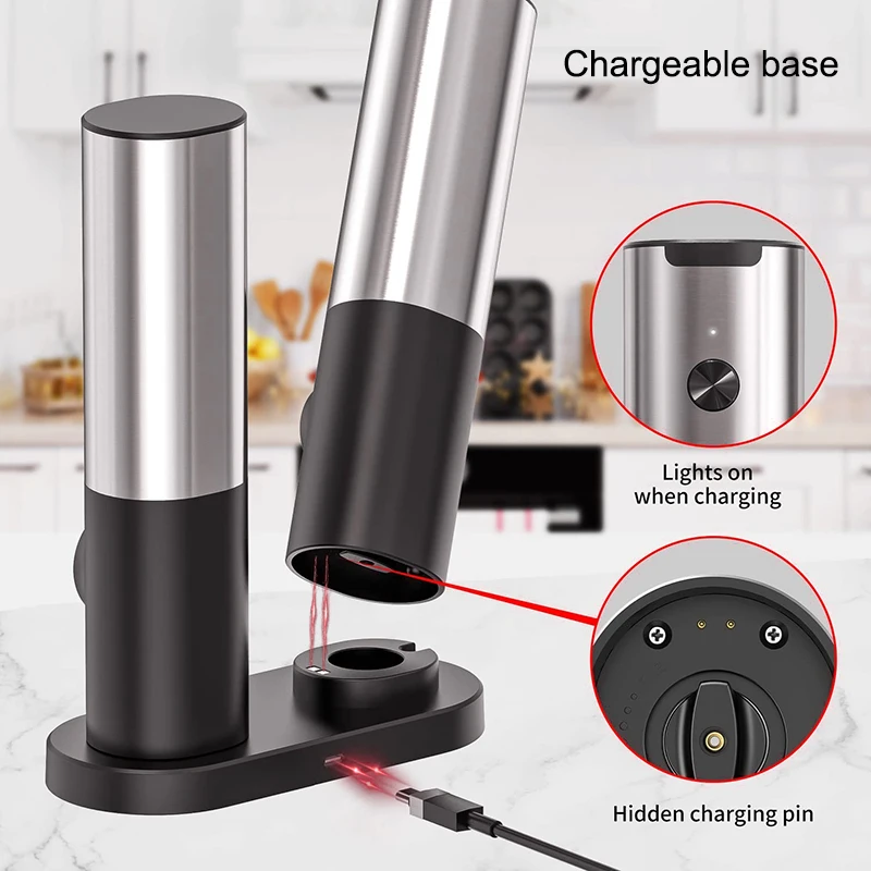 Electric Pepper Grinder Set with Charging Base and LED Light Adjustable Coarseness Automatic Sea Salt Spice Herb Grinder