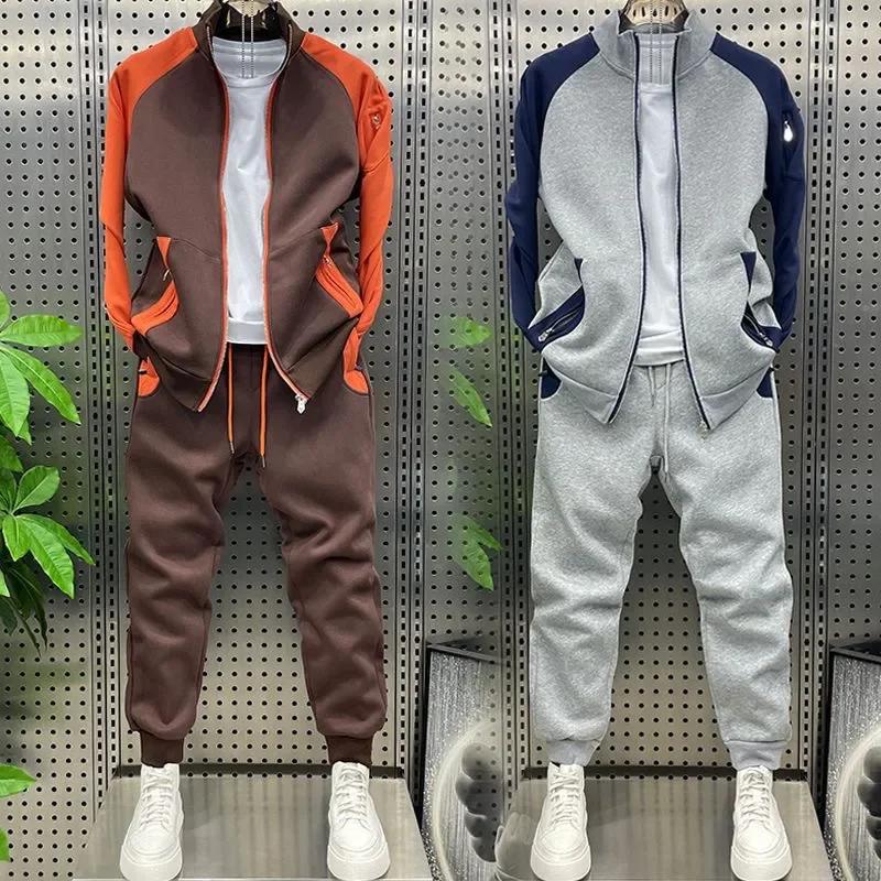 Fashionable men's two-piece set, trendy casual zipper color-blocking long-sleeved coat, drawstring Halon pants, sportswear set