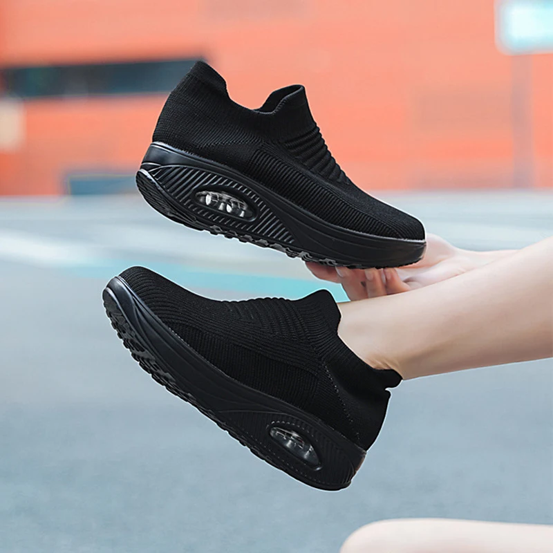 Flying Weave Breathable Socks Casual Shoes Women High Top Cushion Platform Walking Sneakers Ladies Sport Wedges Big Size WSH5562