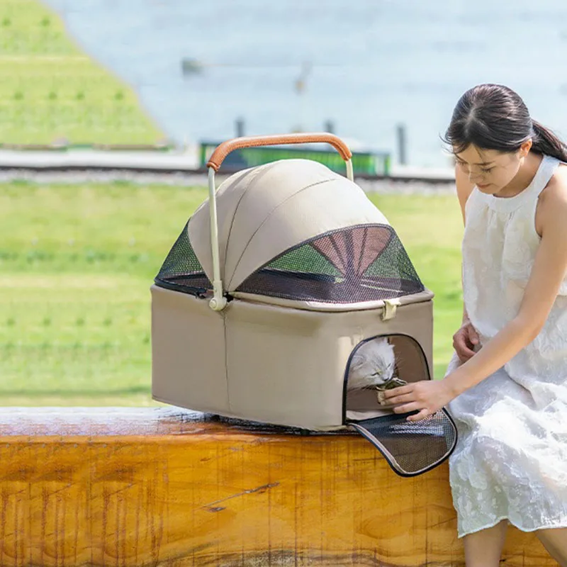 Foldable Large Pet Stroller Double Space Dog Cat Outdoor Pet Carriers Foldable Dog Carriers Reflective Strip Storage Basket