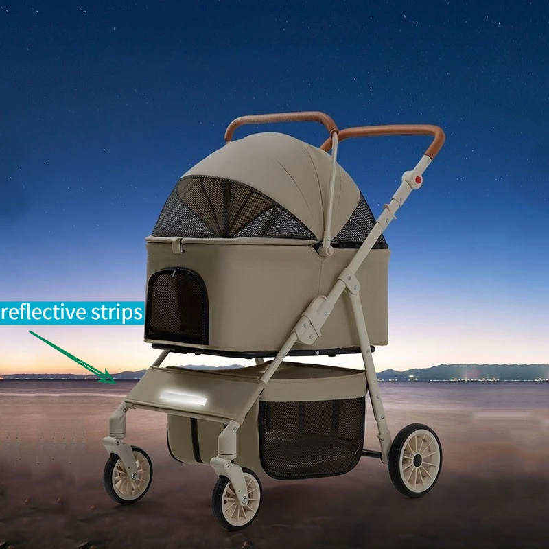 Foldable Large Pet Stroller Double Space Dog Cat Outdoor Pet Carriers Foldable Dog Carriers Reflective Strip Storage Basket