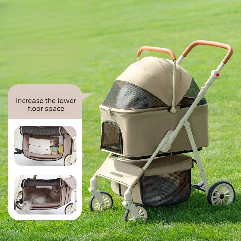 Foldable Large Pet Stroller Double Space Dog Cat Outdoor Pet Carriers Foldable Dog Carriers Reflective Strip Storage Basket