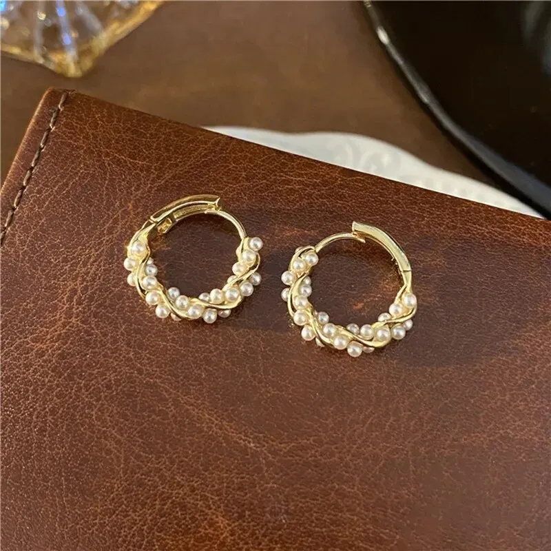French Imitation Pearl Circel Earring Small Round Hoop Earrings For Women New Design Texture Earrings Jewelry Elegant Gift