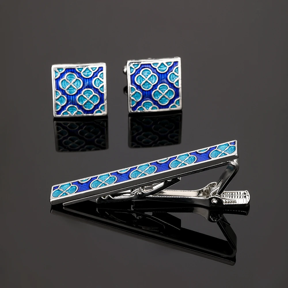 Funny Blue Flower Pattern Deisgn Mens Cufflinks&Tie Clip Set 4 Colors Keyboard Shaped Sleeve Button