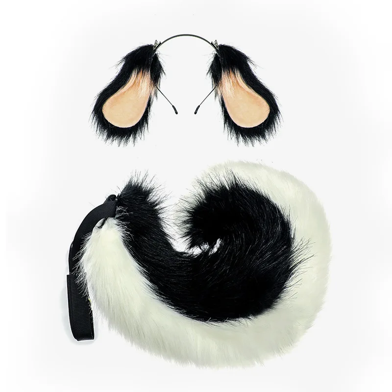 Furry Anime Dog Ear Headband Tail Cartoon Comic-Con Cosplay Accessories Plush Simulation Animal Ears Tail Halloween Costume Prop