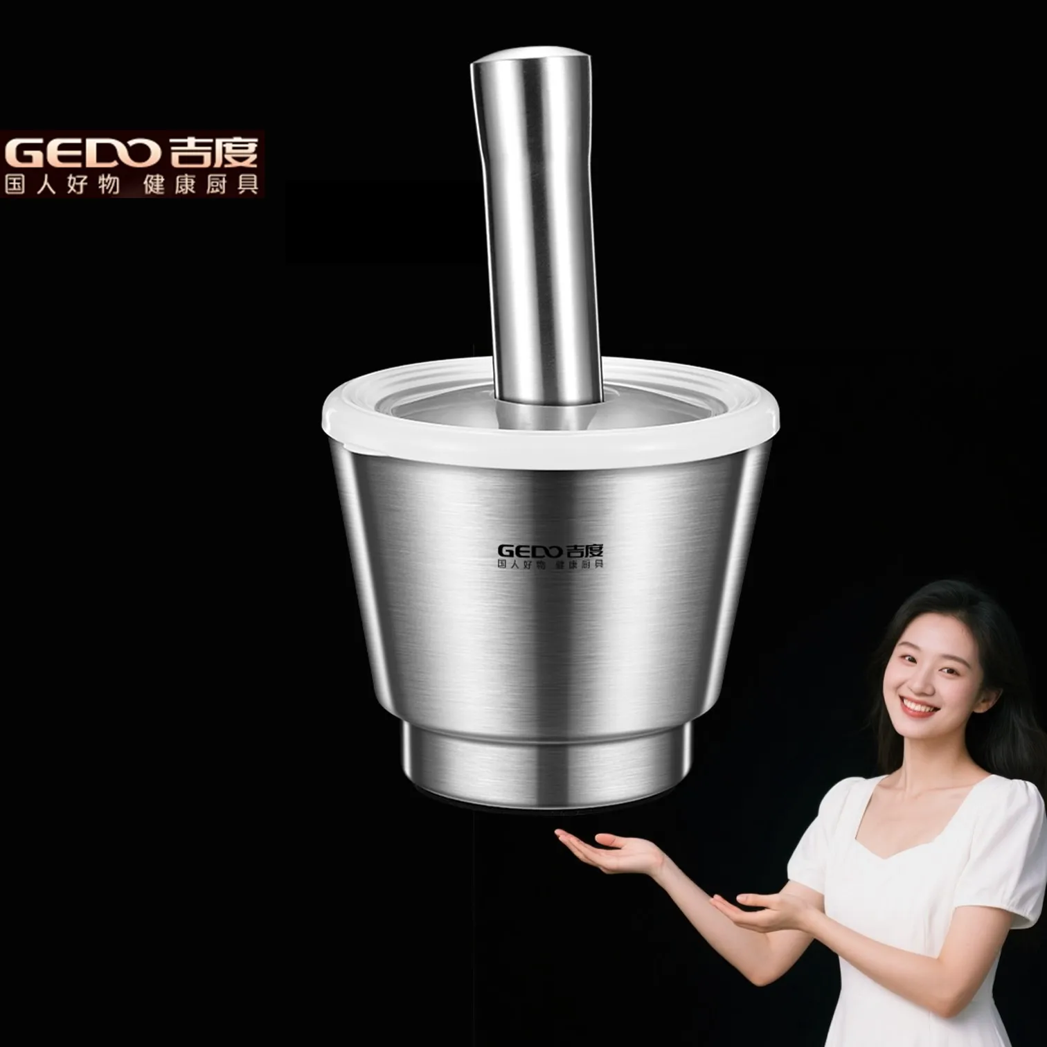 GEDO Ultra Thick Chinese Herbal Mortar and Pestle Pure Non-slip 304 Stainless Steel Kitchen Garlic Chili Mill Ginger Smasher