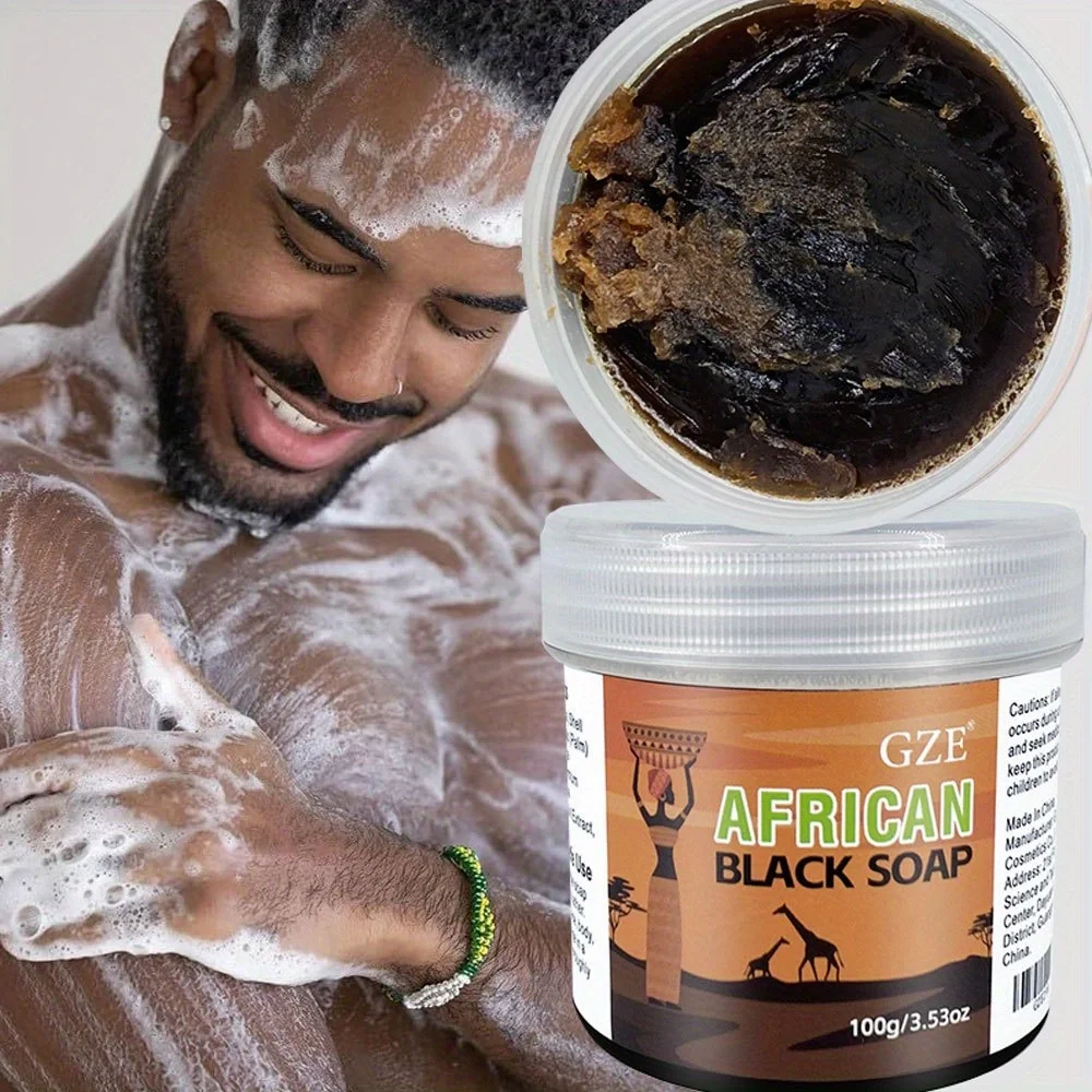 GZE African Black Soap 3-in-1 Face, Hair, and Body Cleanser - Deeply Cleanses and Moisturizes Skin and Hair Handmade