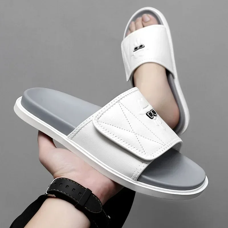 Genuine Leather Men's Slippers Original Brand Casual Slippers Fashion Outdoor Beach Sandals for Men Summer New Open Toe Slides