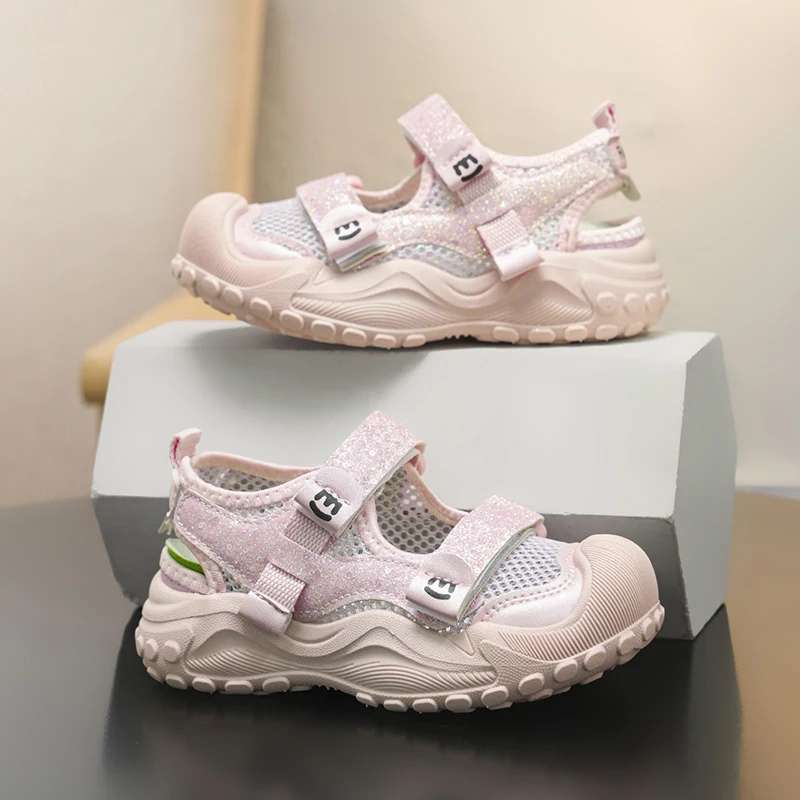 Girls' Closed-Toe Sport Sandals, Purple Glitter Breathable Mesh Shoes, Non-Slip Adjustable Strap Summer Beach Sneakers for Kids