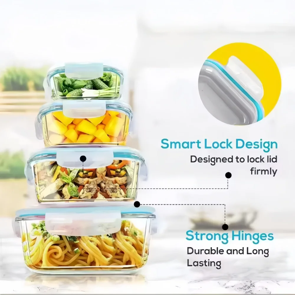 Glass Meal Prep Containers Lunch Box, Food Storage Containers with Locking Lids, Airtight Bento Box, Microwave Oven, Dishwasher